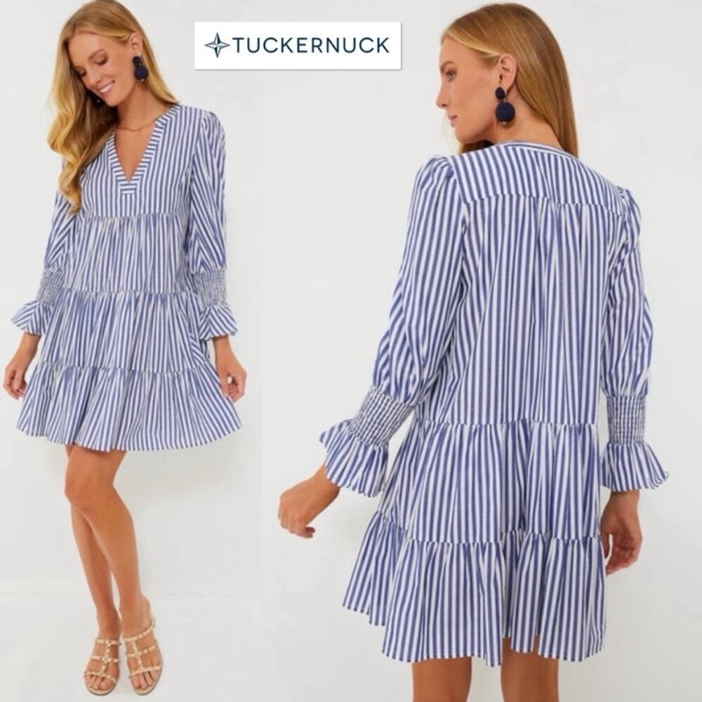 Tuckernuck Pomander Place Blue White Kenzo Dress Stripe Cotton Poplin Mini sz XL - Picture 3 of 9